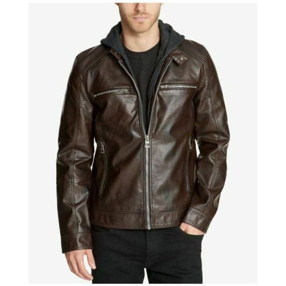 Guess Faux Leather Detachable Hood Jacket F3
